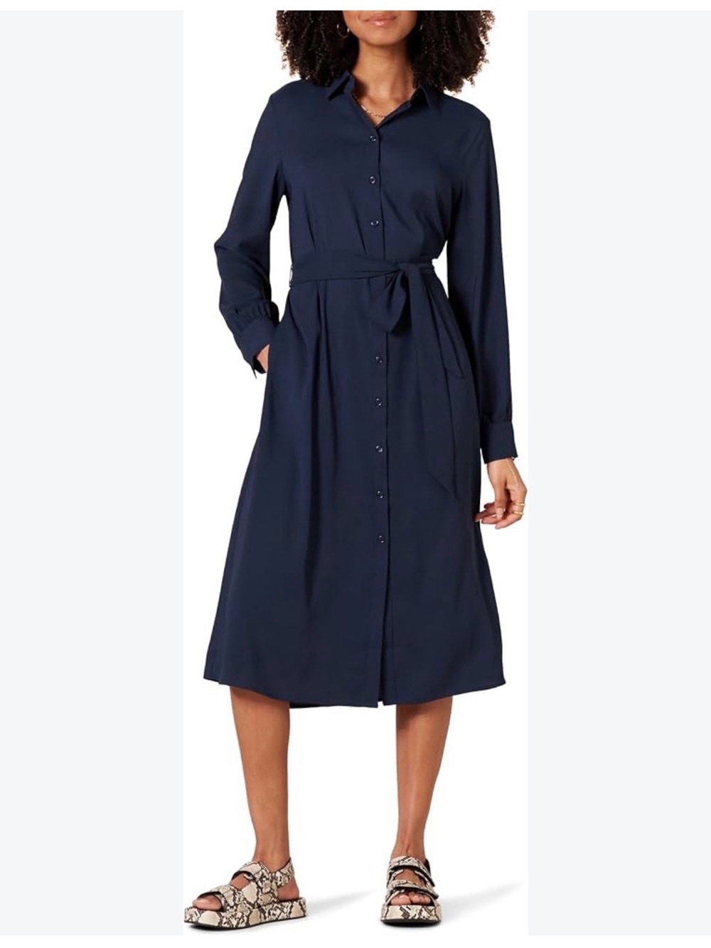 NWT - Classic Navy Midi Shirt Dress with Waist Tie